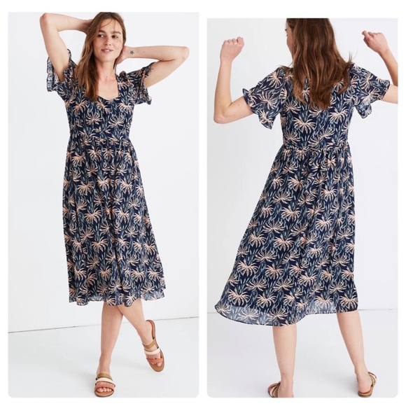 Madewell Ruffle-Sleeve Midi Chiffon Blue Peach Dress Oasis Palms - Picture 1 of 7
